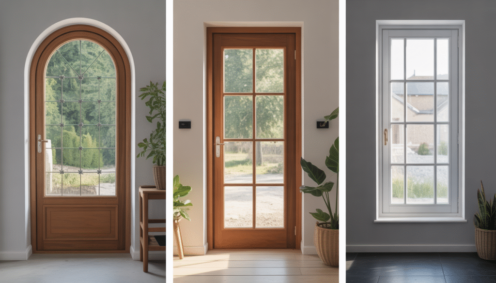 Image photoréaliste comparant volet battant bois massif, volet PVC alvéolaire renforcé et volet aluminium moderne avec détails textures matériaux sous éclairage naturel