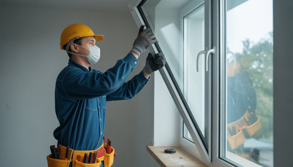 Worker replacing window glass in PVC frame with tools
