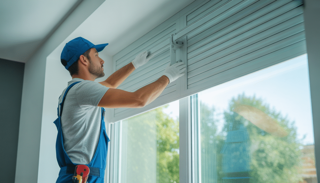 Artisan en uniforme posant un volet roulant aluminium sur fenêtre moderne intérieure