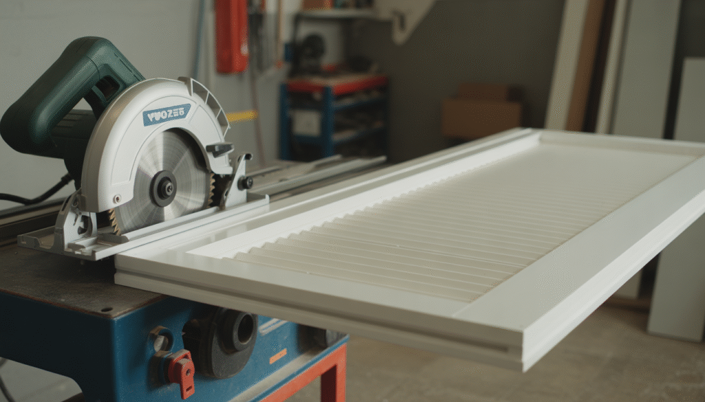 Volet PVC blanc positionné sur un établi d'atelier avec une scie circulaire et des outils de coupe précis visibles
