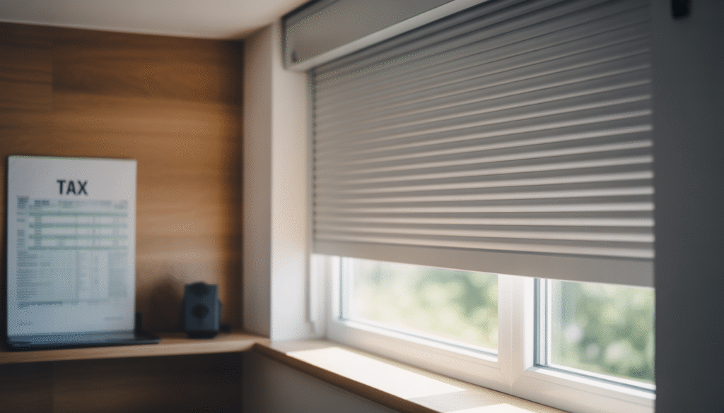 New roller shutter installed on house window with tax documents visible in soft focus background