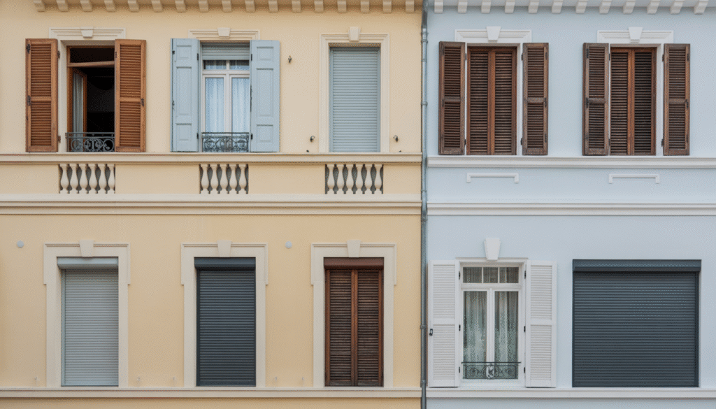 Façade de maison présentant différents types de volets : battants bois, PVC, aluminium et volets roulants manuels et électriques