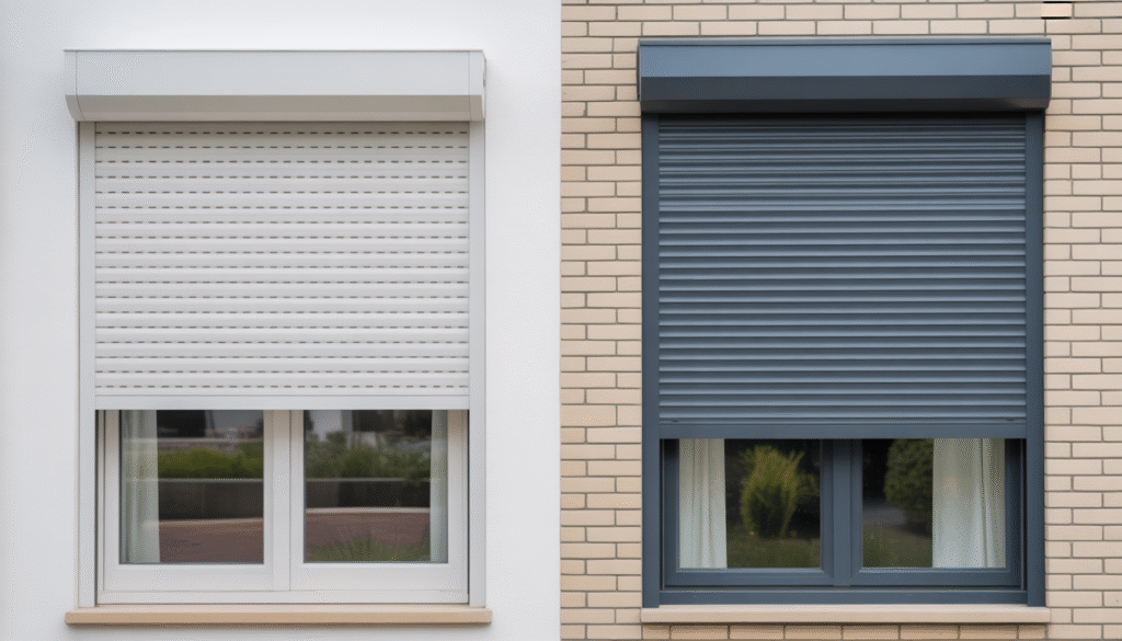 Side by side comparison of white PVC roller shutter and aluminum roller shutter installed on modern house facade