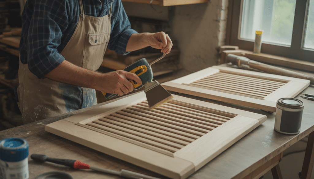 Artisan rénovant des volets en bois dans un atelier lumineux avec outils de ponçage et peinture à proximité