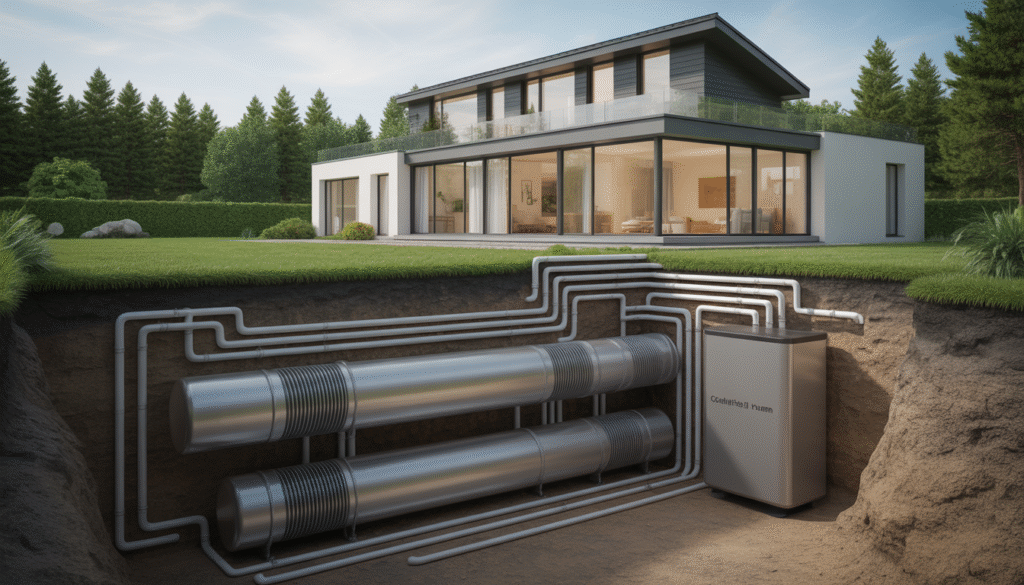Photorealistic view of geothermal heat pump with horizontal and vertical underground exchangers connected to a modern eco-friendly house