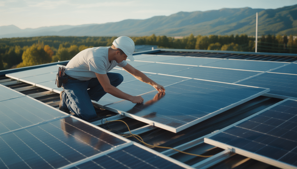 Technicien installant des panneaux solaires sur un toit avec supports métalliques et câbles visibles