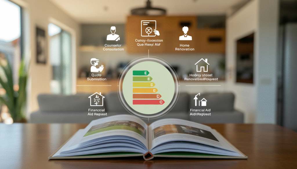Guide ouvert sur table avec icônes de rénovation et maison écoénergétique