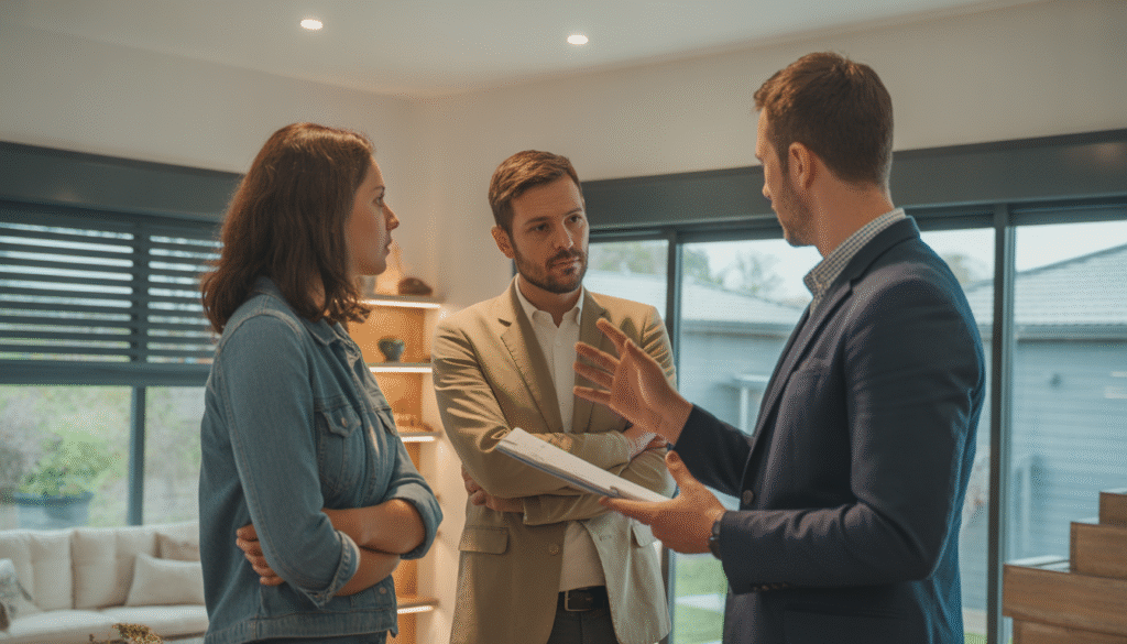 Conseiller professionnel en rénovation discutant avec un couple devant une maison moderne équipée de nouveaux volets roulants