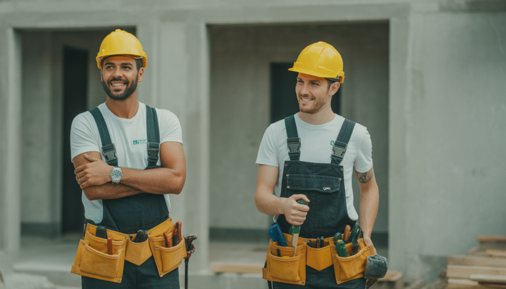 Ouvriers du bâtiment professionnels avec outils et matériaux durables sur chantier écologique