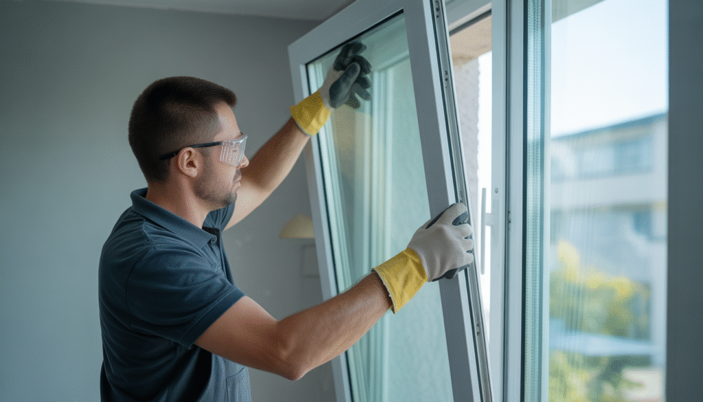 Glazier removing old glass from PVC window with gloves and goggles