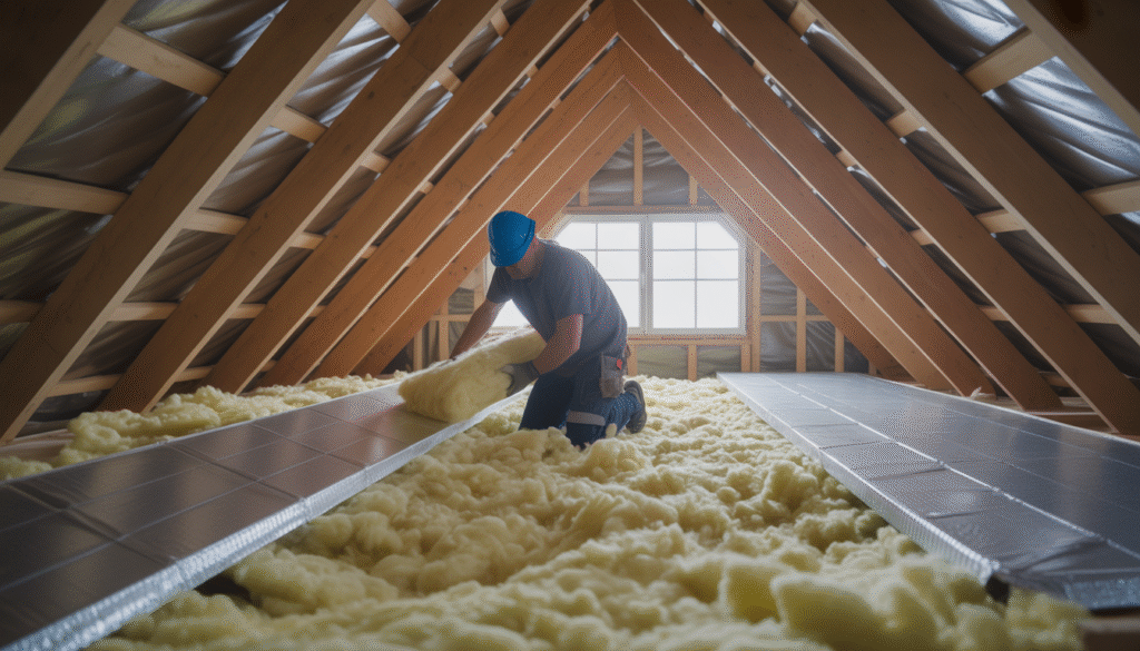 Worker installing thermal insulation between attic rafters