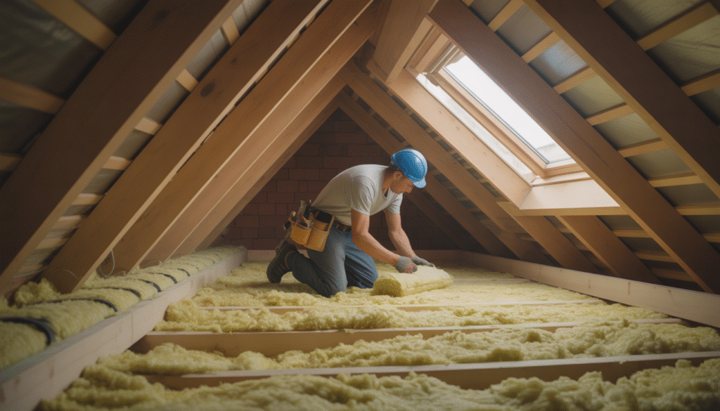 Construction worker installing insulation in attic with daylight