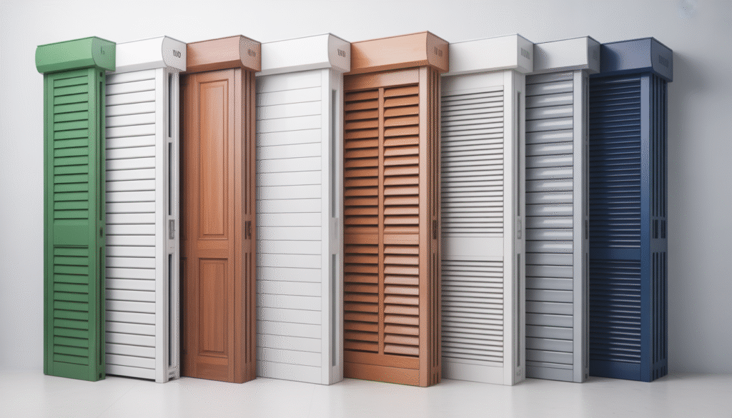 Différents types de volets en bois, PVC et aluminium présentés sur fond blanc : volets roulants, battants et coulissants