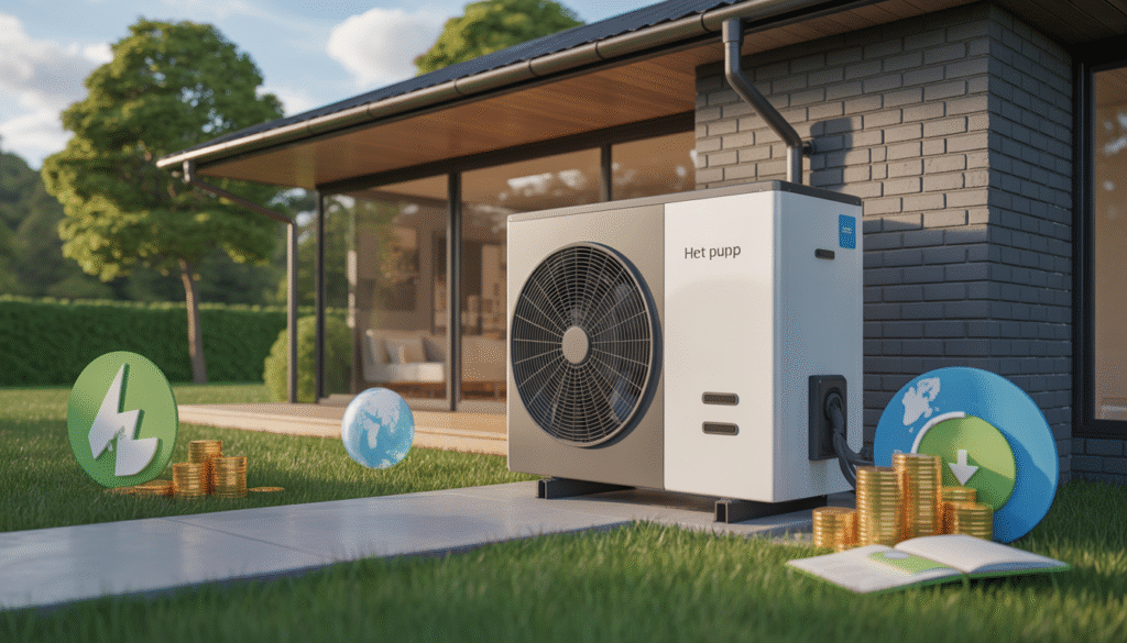 Pompe à chaleur installée à côté d'une maison moderne avec des symboles d'énergies renouvelables et d'aide financière