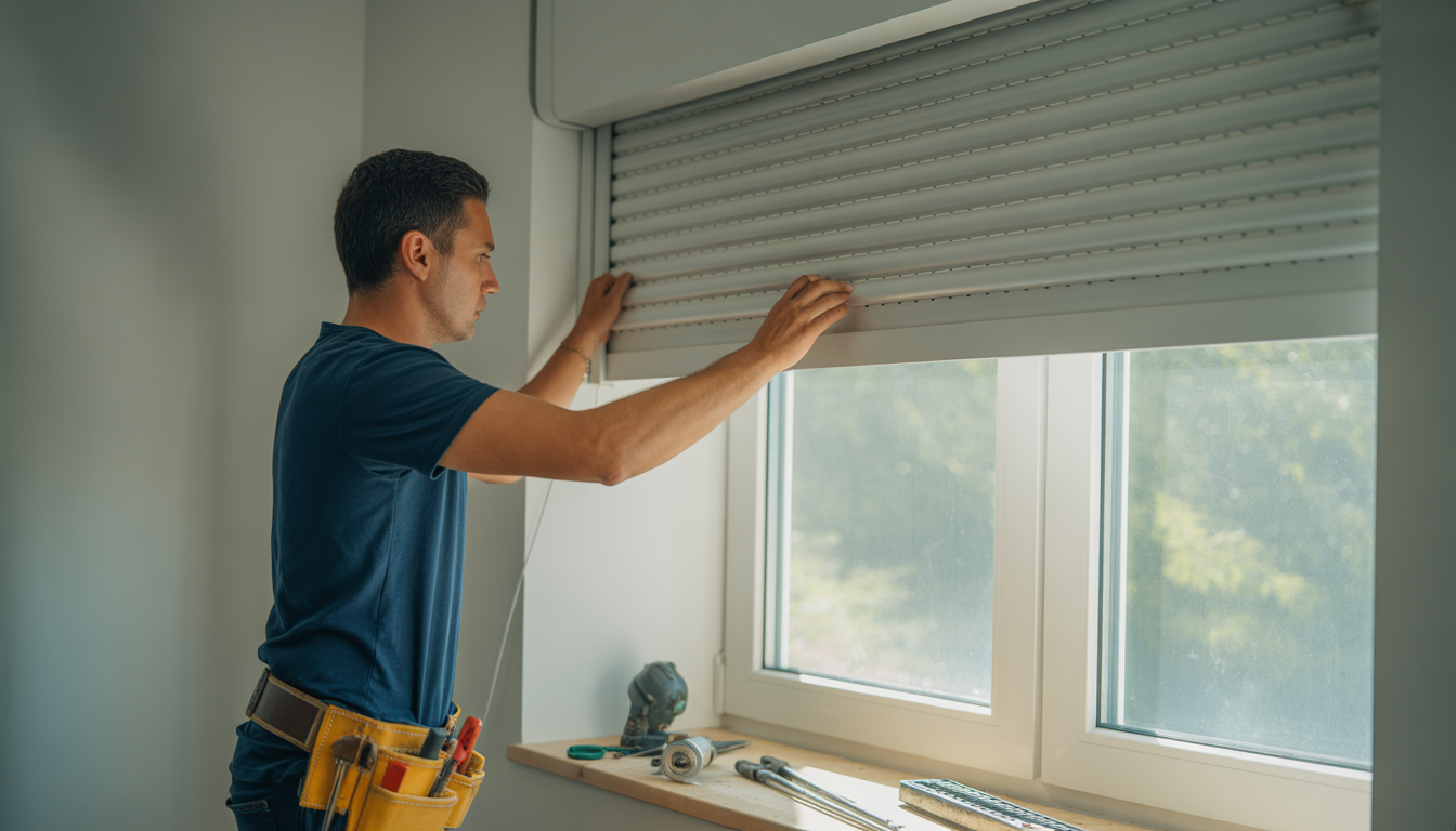 Artisan professionnel en train de remplacer un volet roulant de fenêtre avec ses outils de travail