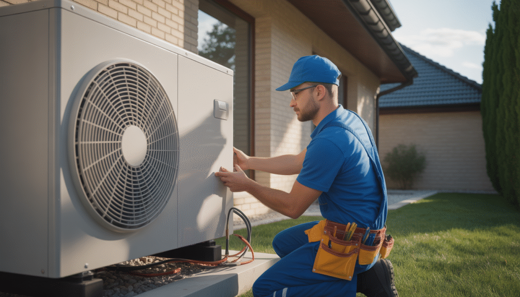 Professional HVAC technician installing a modern heat pump at home with tools under natural lighting