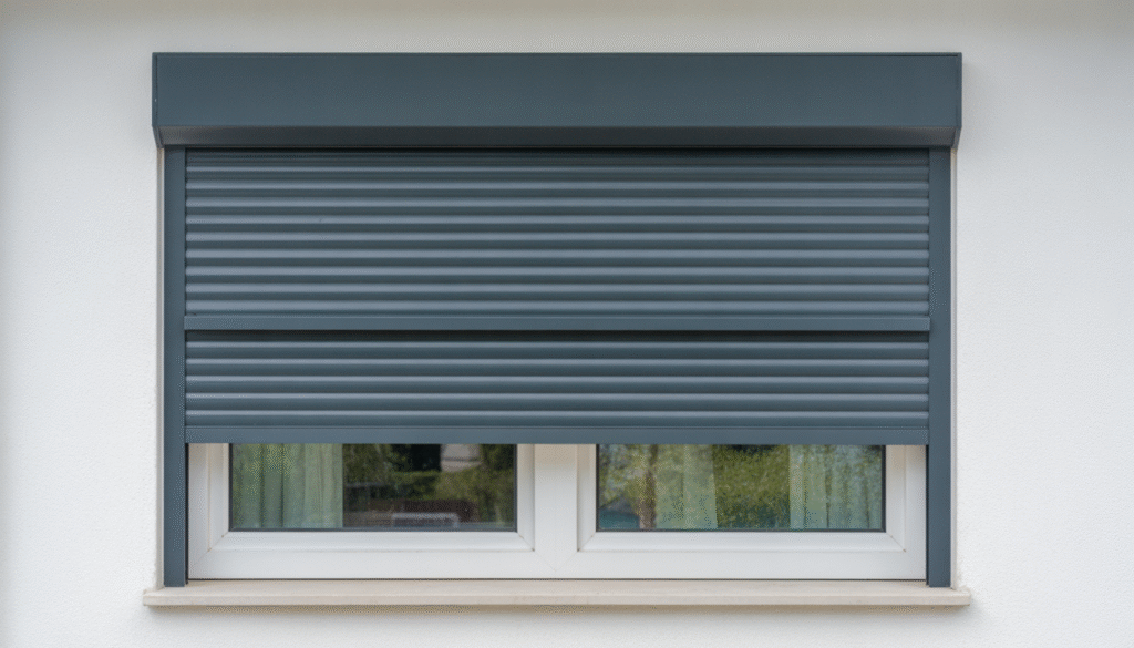 Volet roulant électrique en aluminium moderne installé sur une fenêtre avec télécommande, façade contemporaine en lumière naturelle