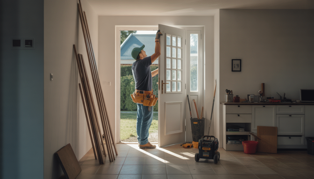 Artisan professionnel en train d'installer une porte d'entrée intérieure avec outils visibles