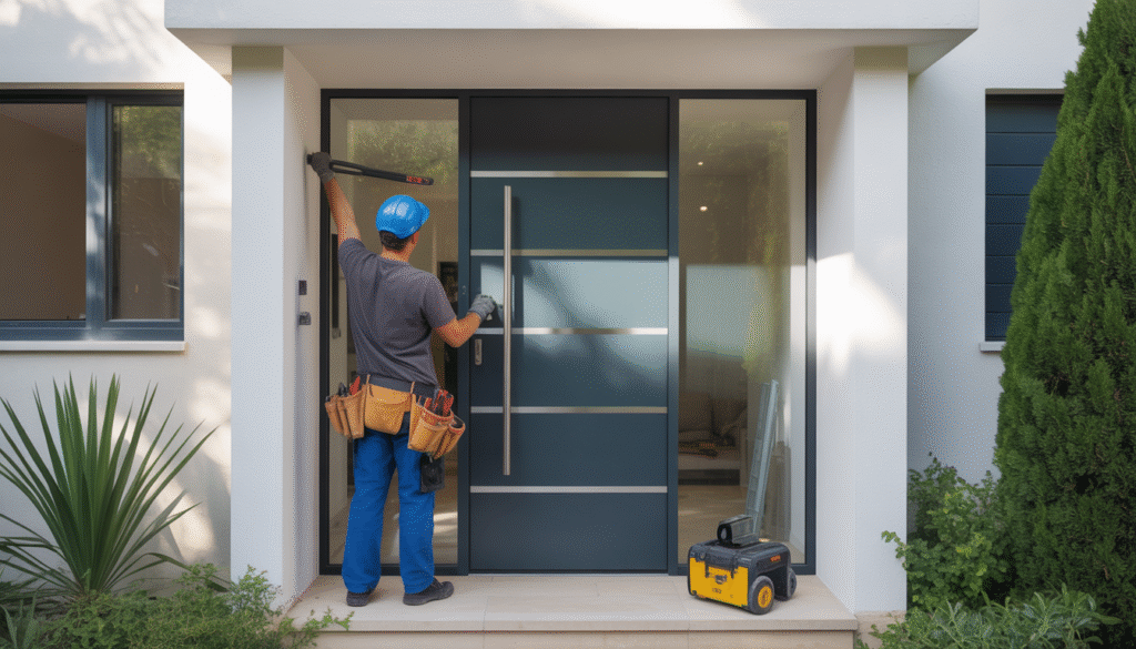 Artisan professionnel installant une porte d'entrée en aluminium avec des outils visibles