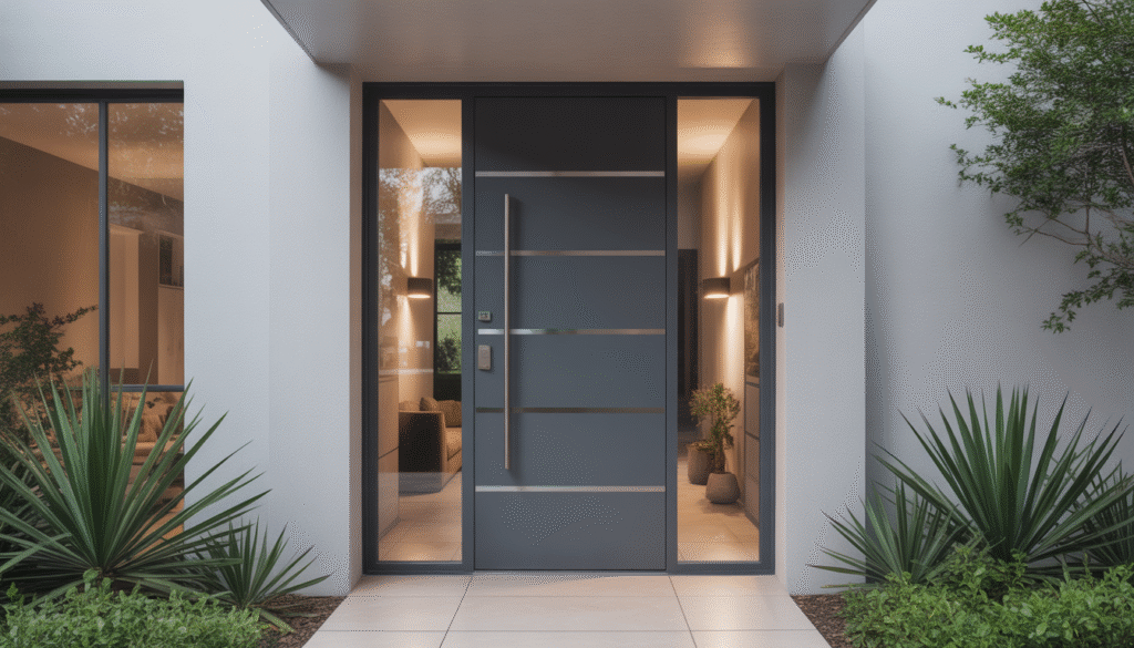 Porte en aluminium moderne avec finition élégante et panneaux semi-vitrés