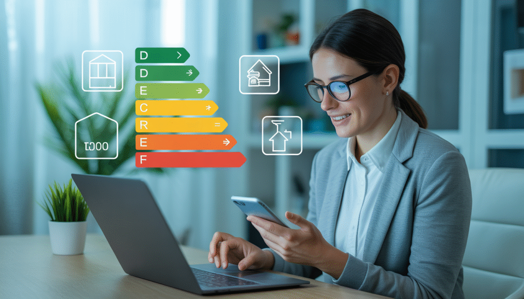 Personne utilisant un ordinateur et un smartphone avec icônes de rénovation énergétique en arrière-plan.