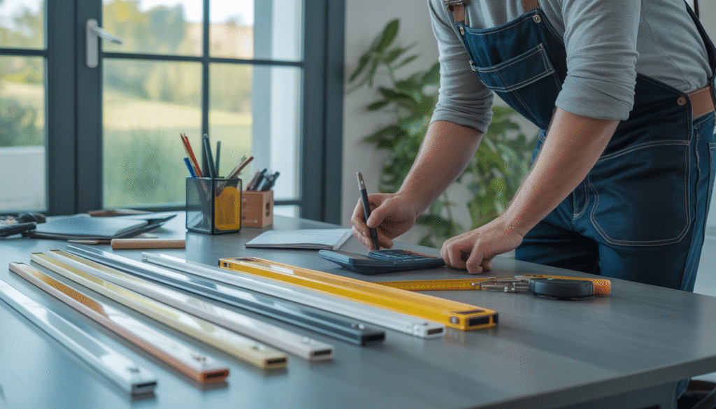 Artisan mesurant un encadrement de porte moderne avec échantillons
