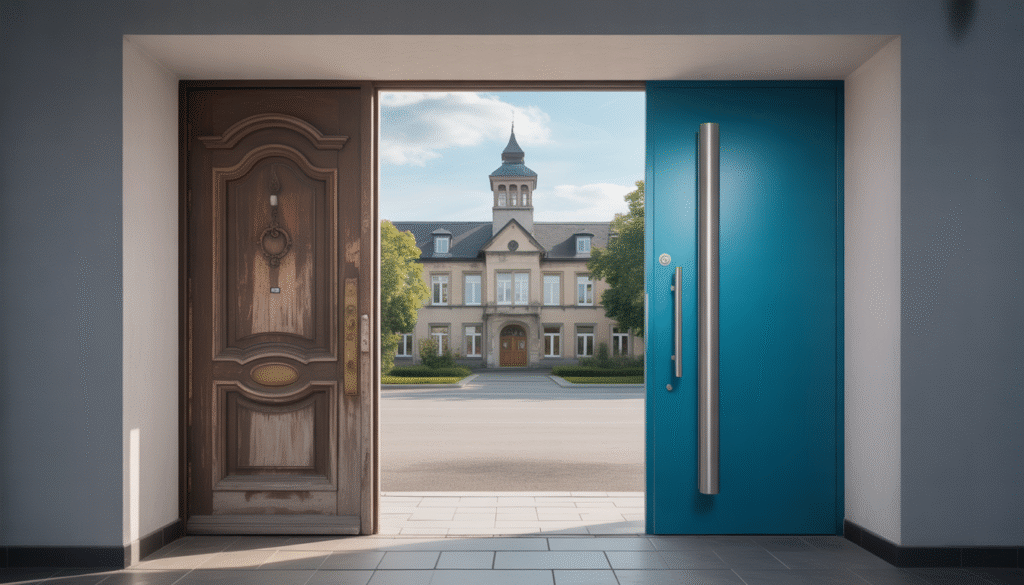 Old wooden door and new aluminum door at town hall entrance