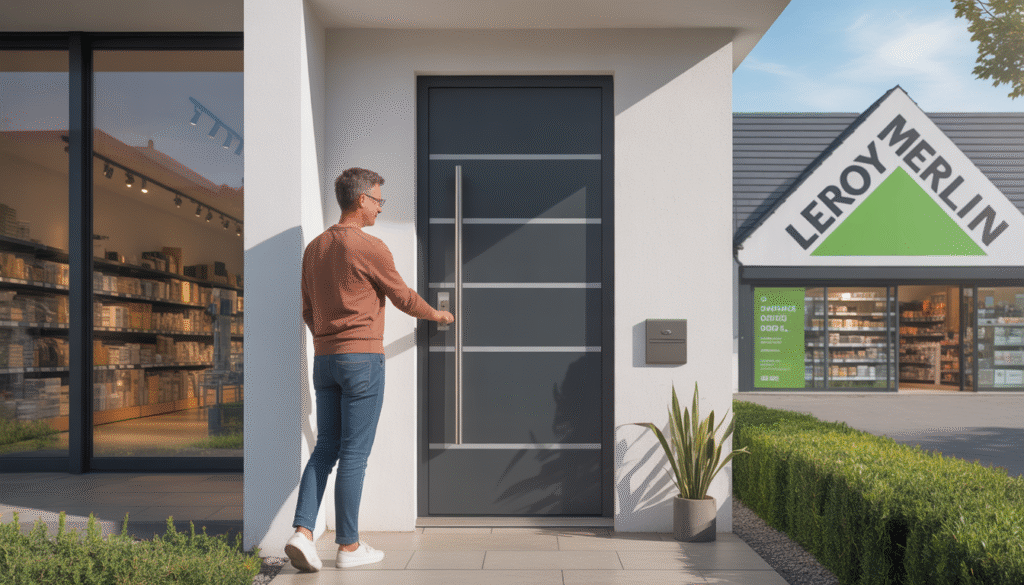 Client souriant déverrouillant une porte d'entrée moderne