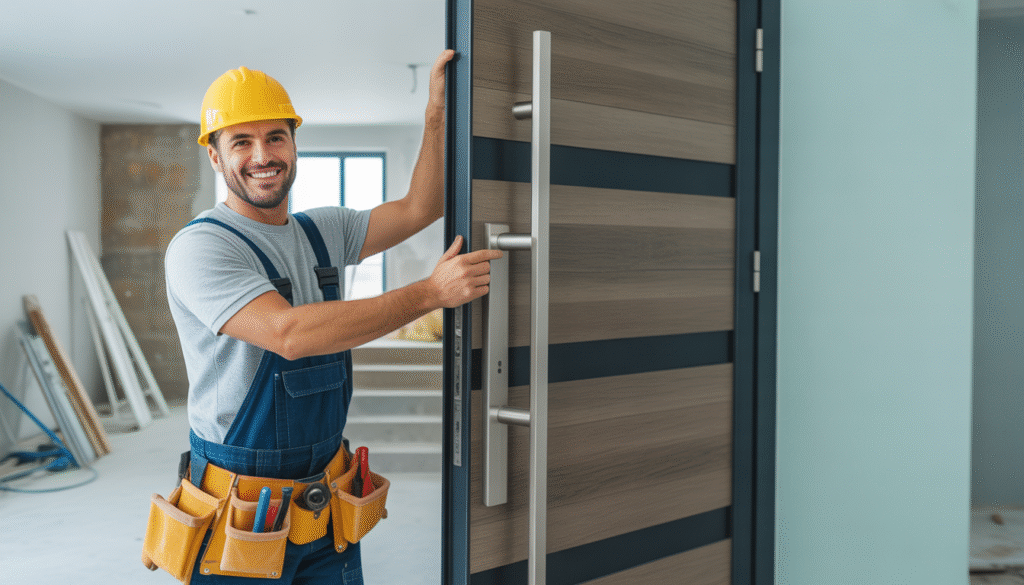 Installateur mesurant une porte d'entrée moderne avec outils