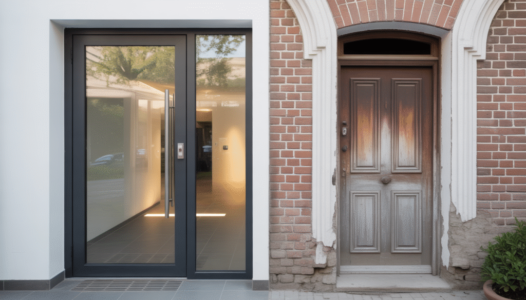 Aluminium glass entrance door beside an old wooden door