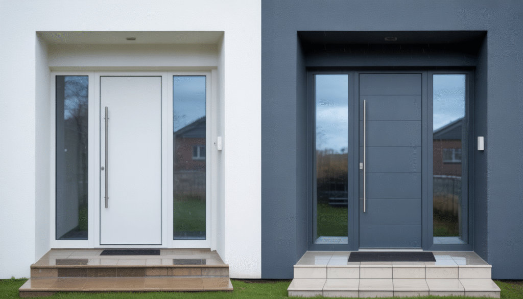 Image comparative de deux portes d'entrée modernes : PVC blanc et aluminium gris