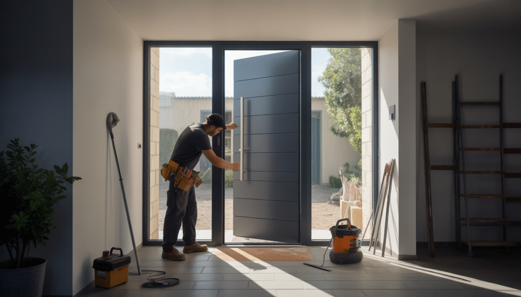 Artisan posant une porte d'entrée moderne dans un cadre lumineux
