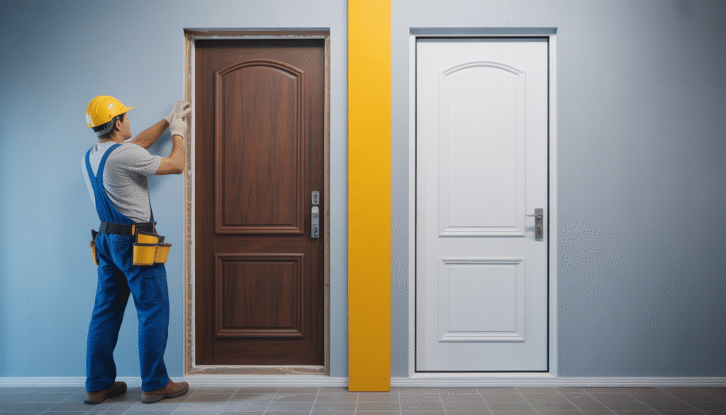 Travailleur en train de retirer une vieille porte d'entrée avec une nouvelle porte en PVC