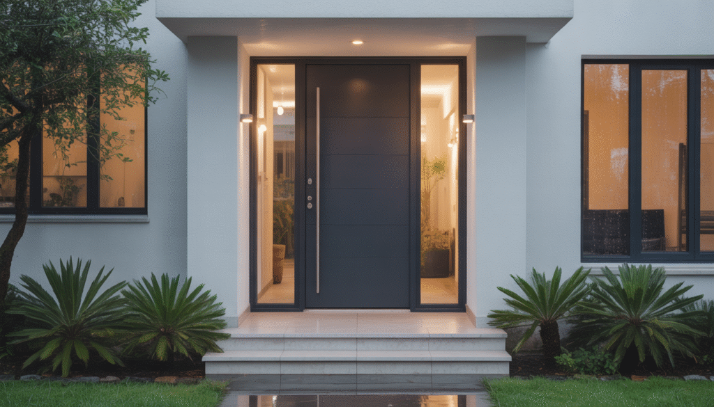 Elegant aluminum front door on a modern house during rain