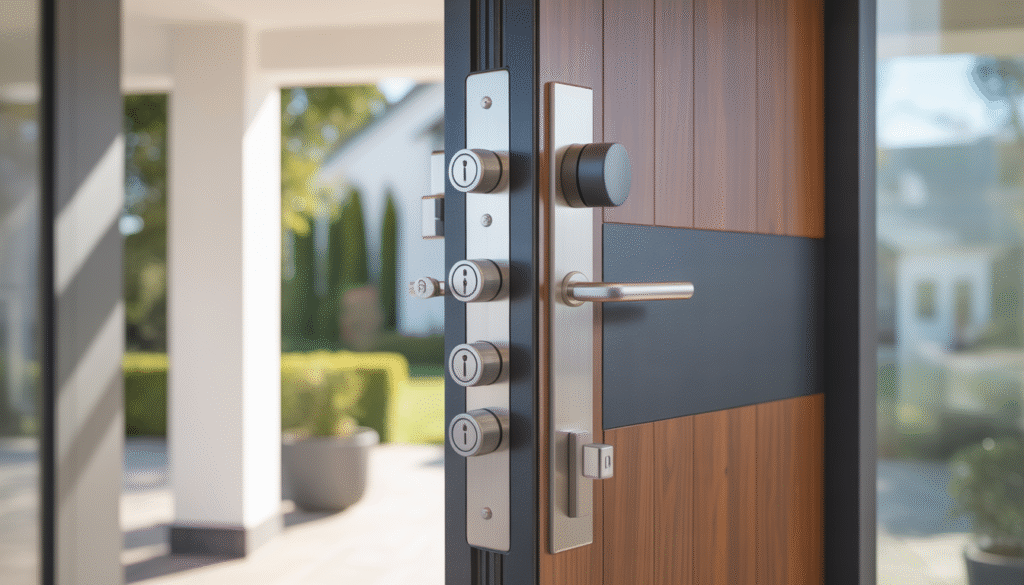 Modern front door in wood and metal with 3-point lock