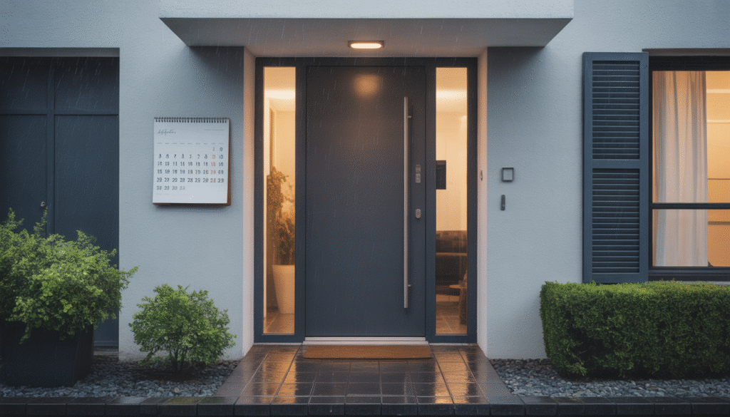 Aluminum front door on a modern house with heavy rain