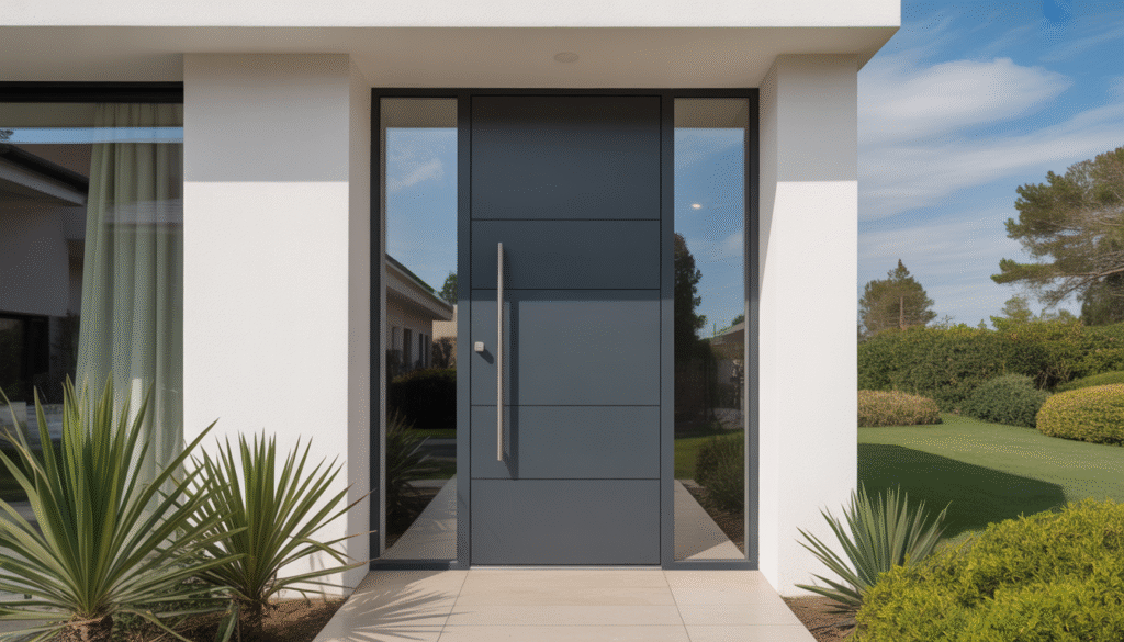 Front door made of anthracite aluminum in a contemporary home