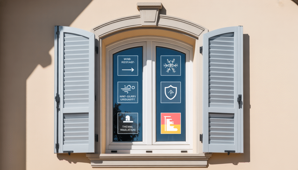 Volet blanc PVC fermé sur fenêtre d'une maison traditionnelle