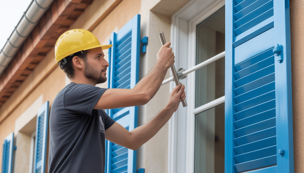 Artisan menuisier travaillant sur un volet PVC blanc